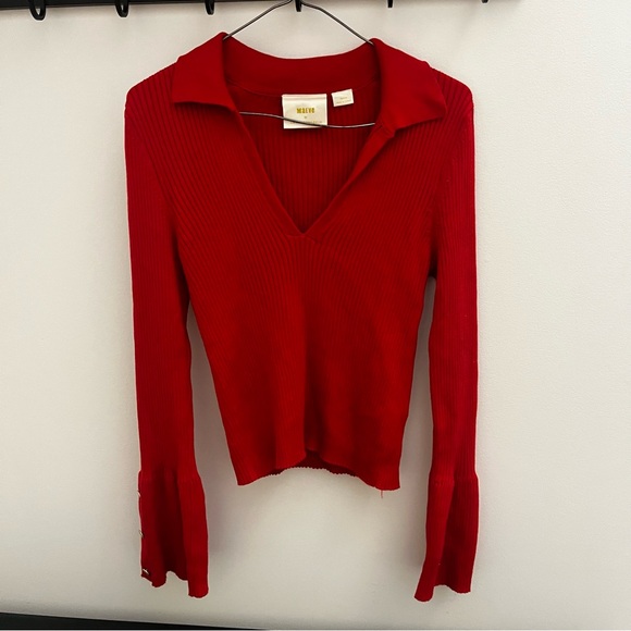 Anthropologie Maeve Ribbed Red V-Neck Sweater with Gold Button Bell Sleeves M - Picture 2 of 4